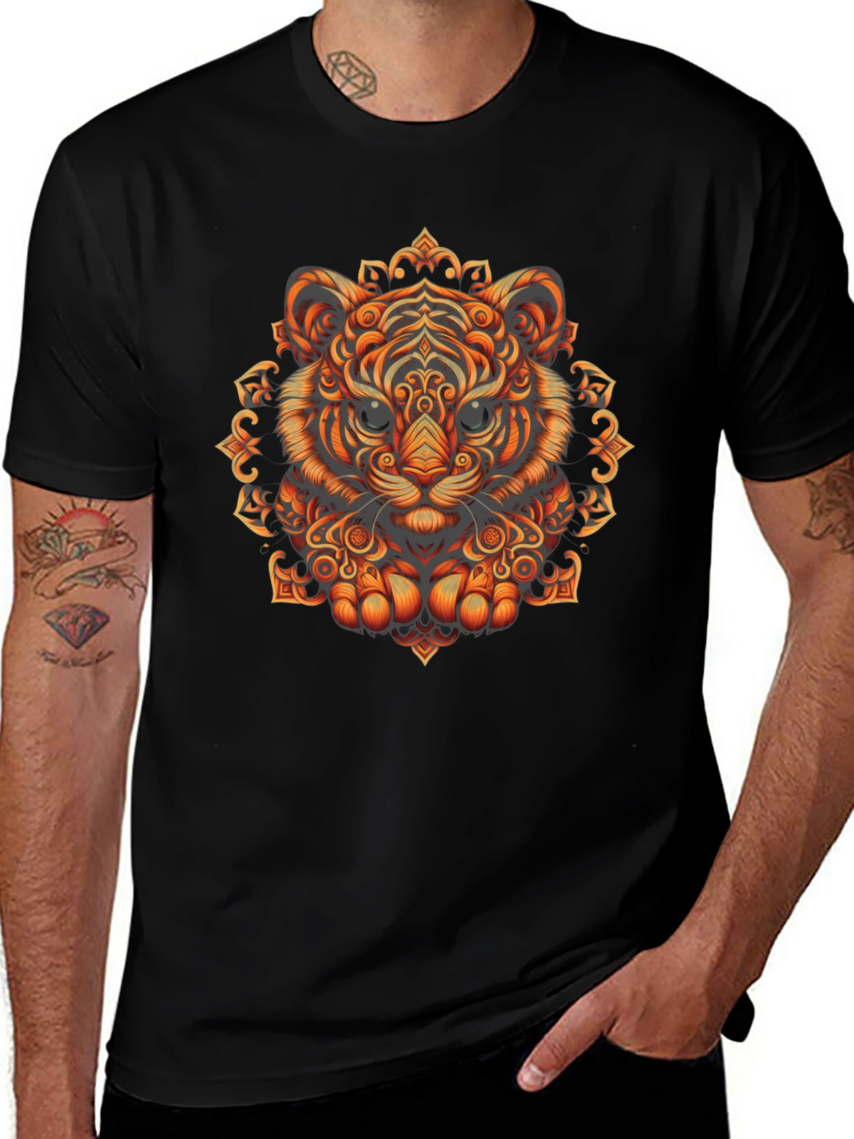 Tiger Mandala Graphic Tee - Stylish Mens Black T-Shirt