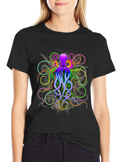 Neon Octopus Graphic Black T-Shirt