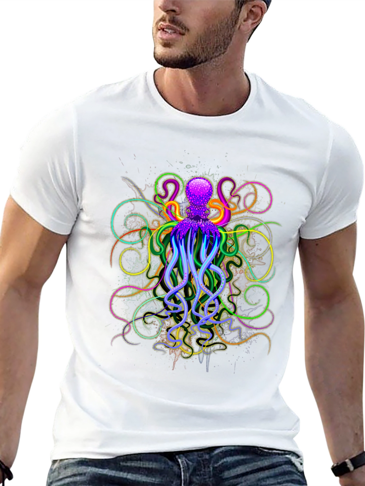 Neon Octopus Graphic Black T-Shirt