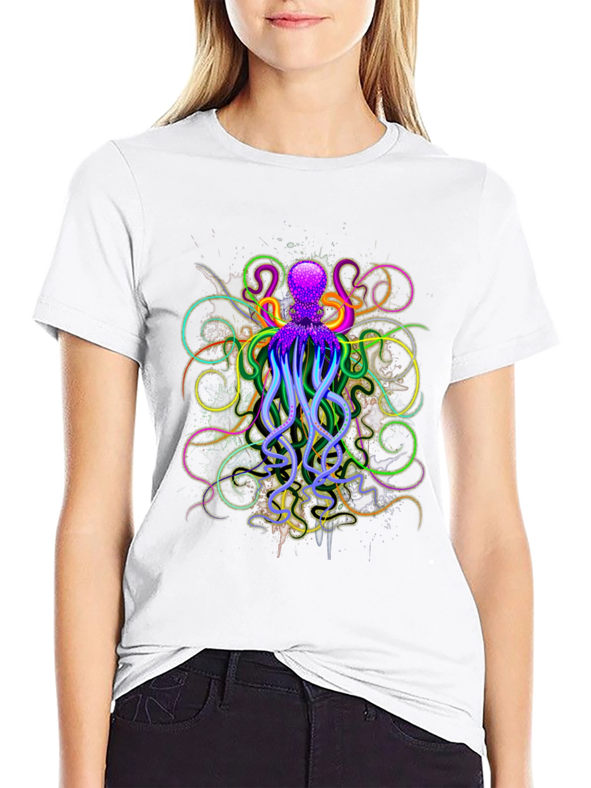 Neon Octopus Graphic Black T-Shirt