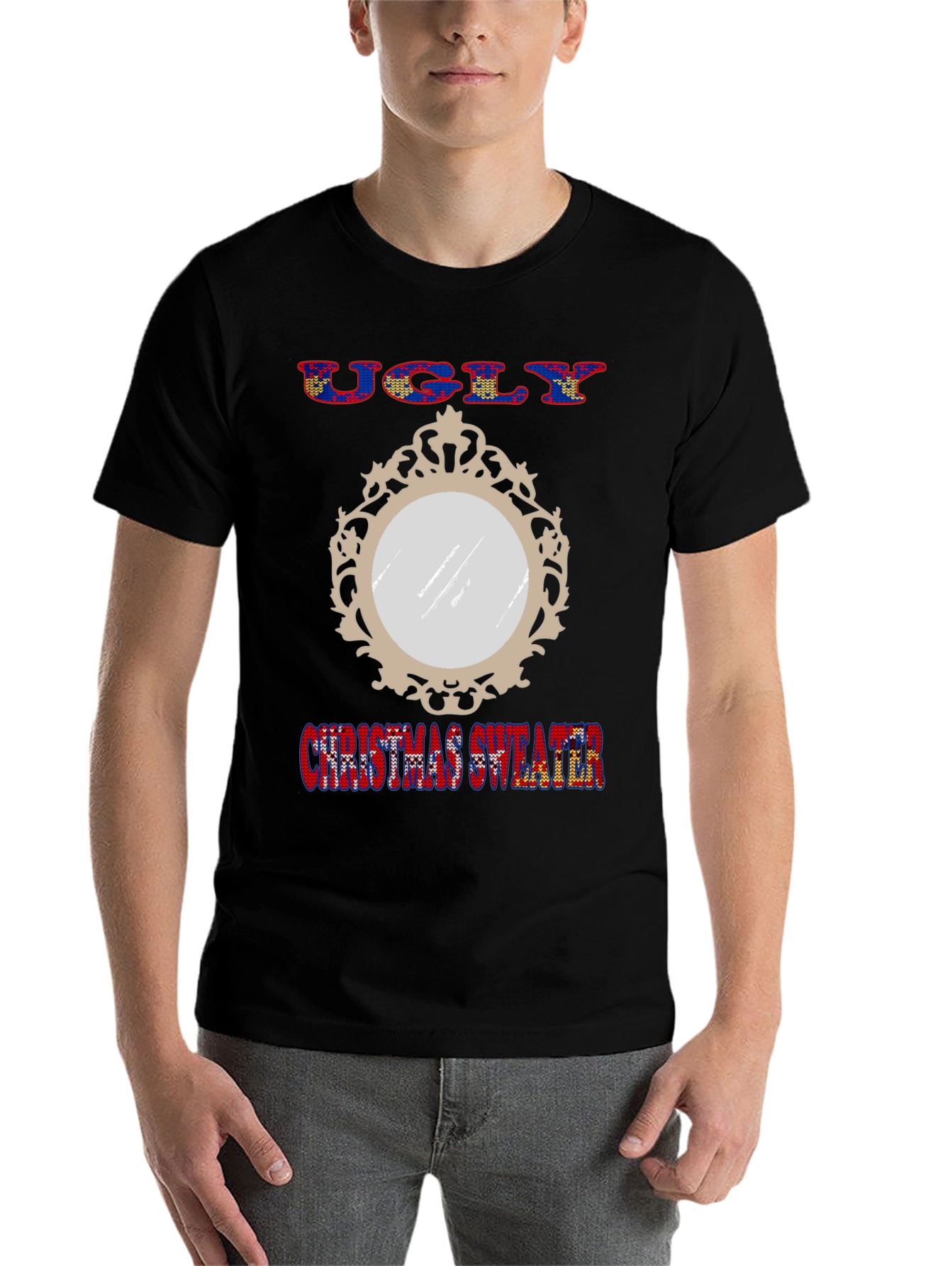 Ugly Christmas Sweater Mirror Graphic T-Shirt