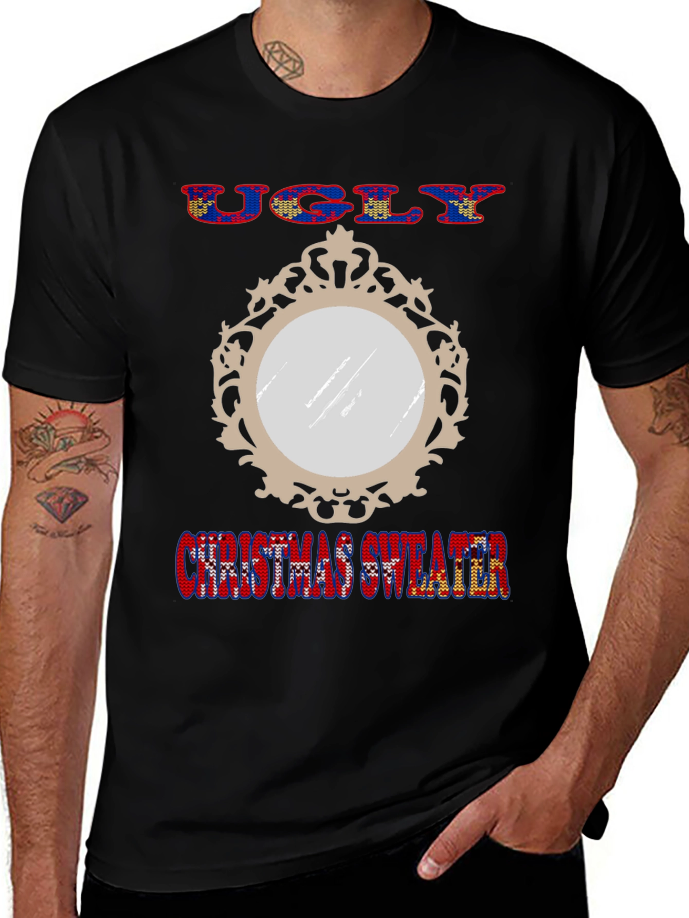 Ugly Christmas Sweater Mirror Graphic T-Shirt