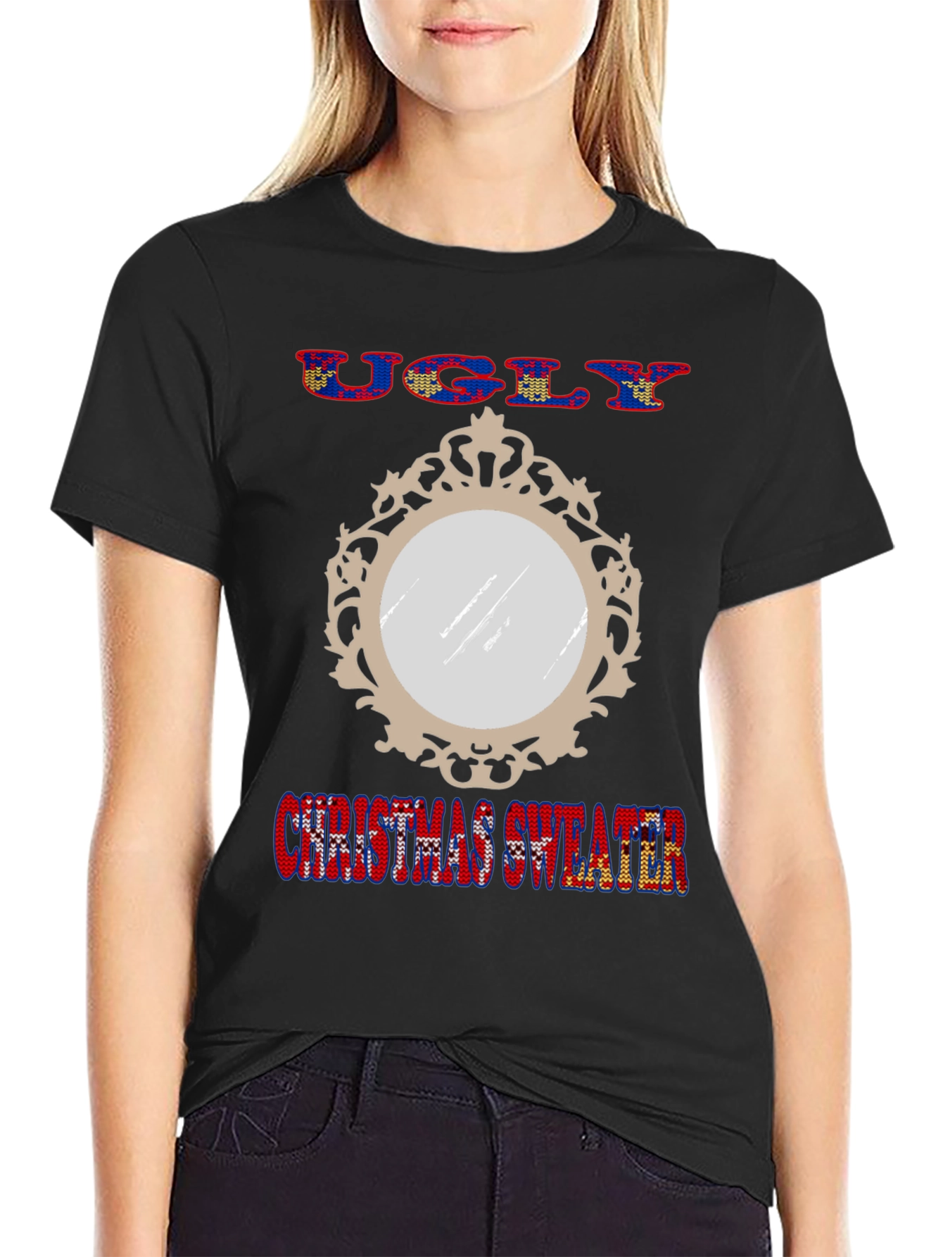 Ugly Christmas Sweater Mirror Graphic T-Shirt