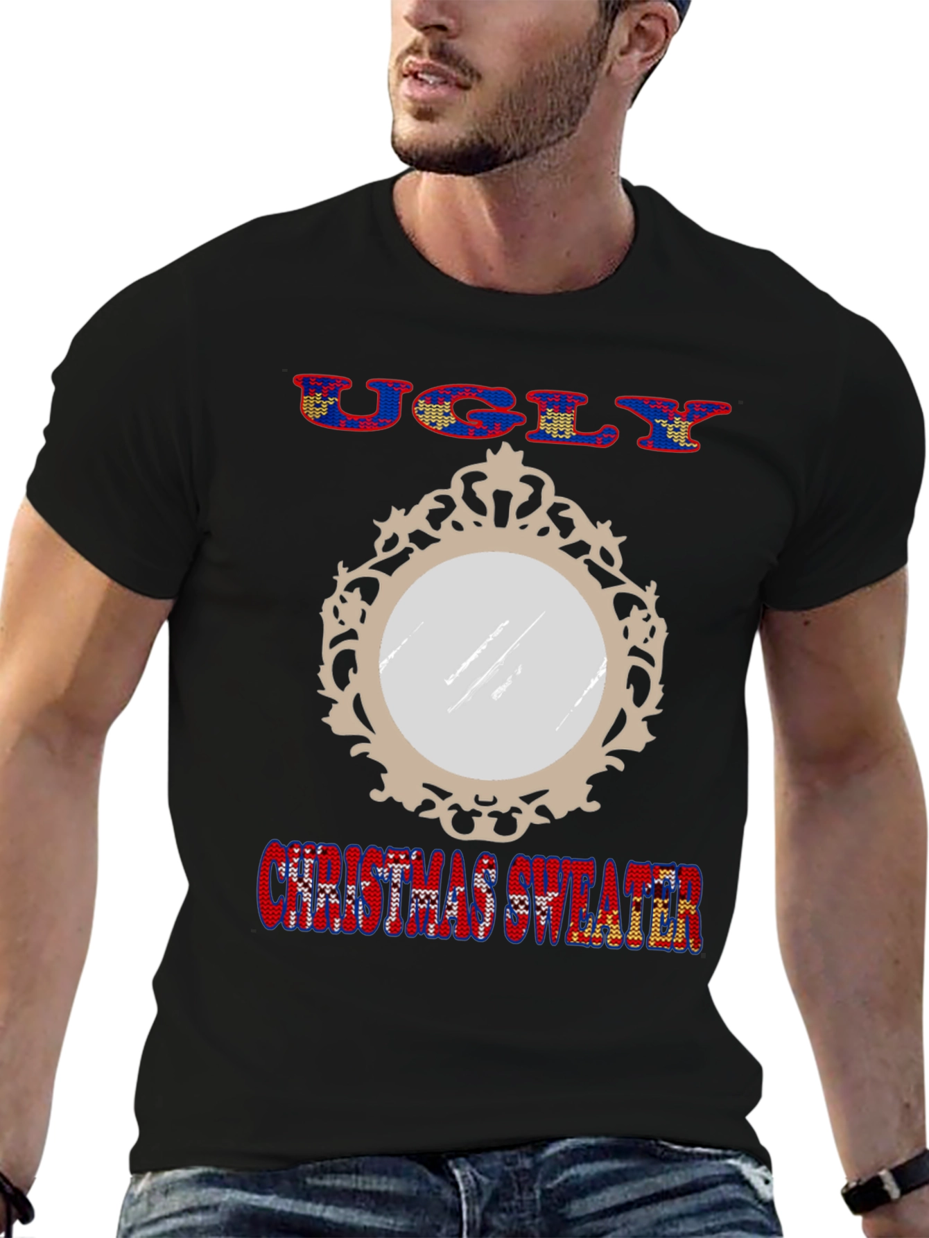 Ugly Christmas Sweater Mirror Graphic T-Shirt