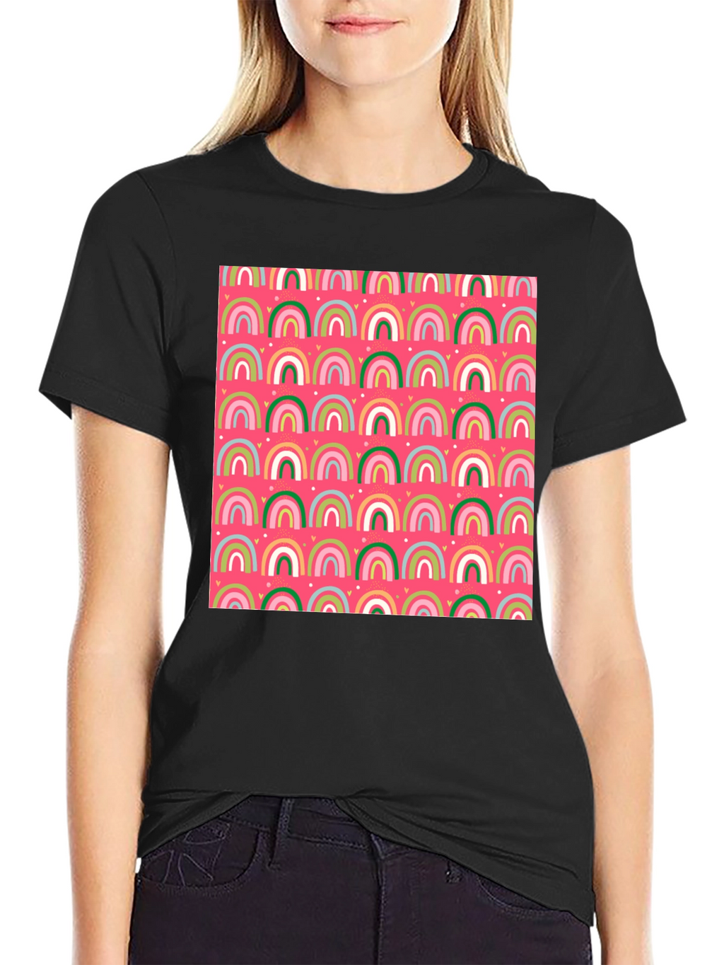 Rainbow Heart Pattern Crew Neck T-Shirt