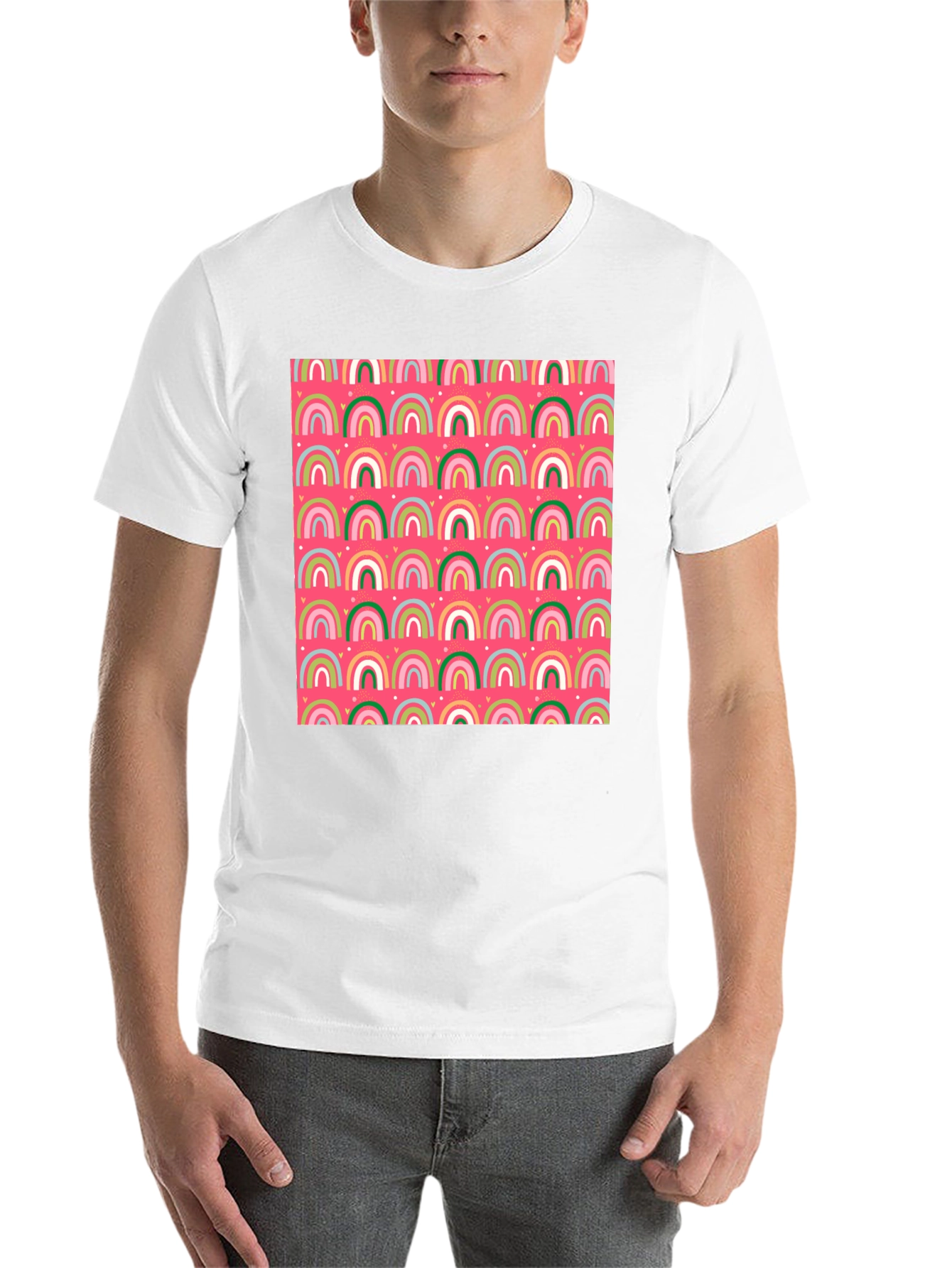 Rainbow Heart Pattern Crew Neck T-Shirt