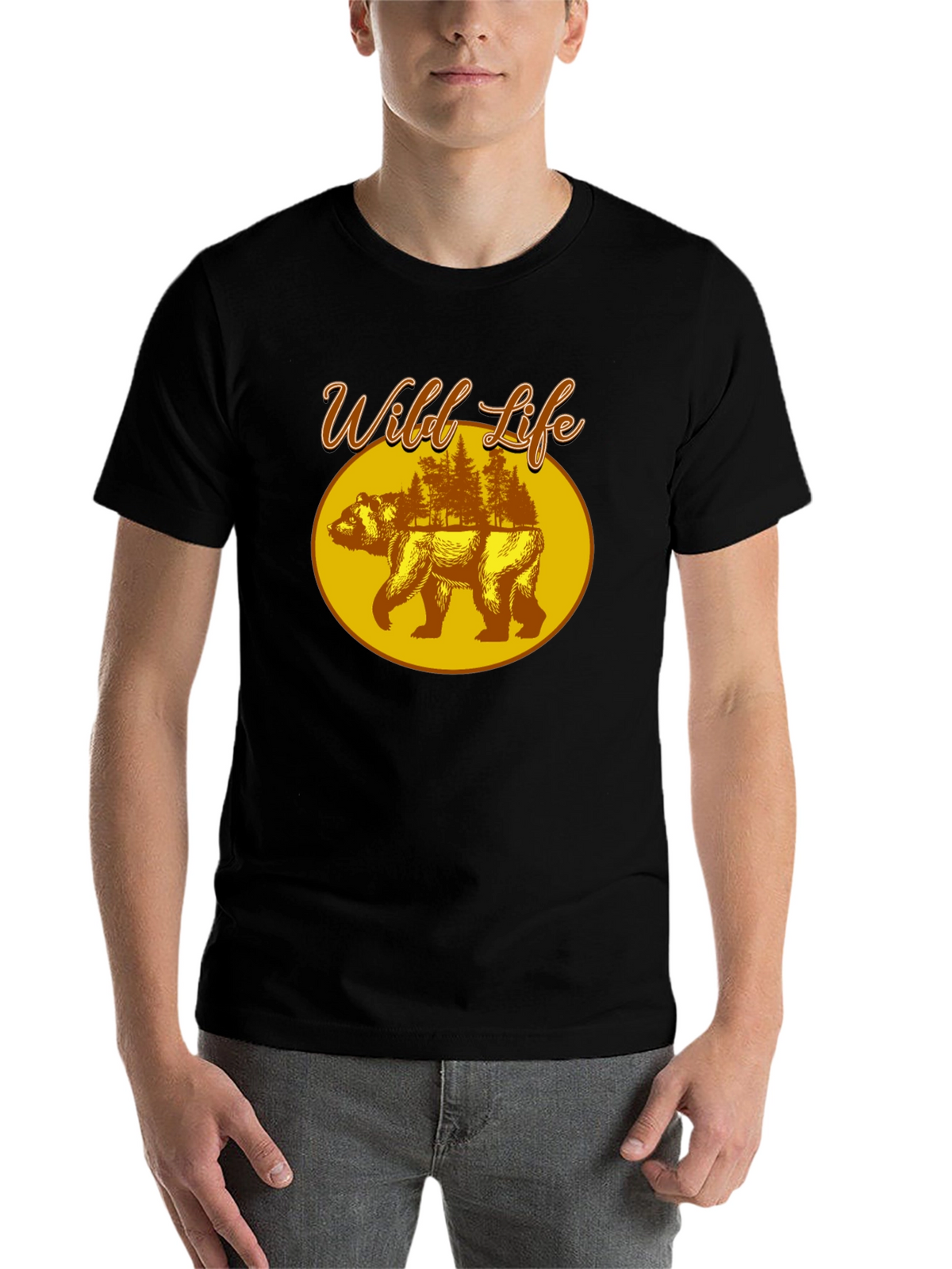 Wild Life Bear Graphic Print Black T-Shirt
