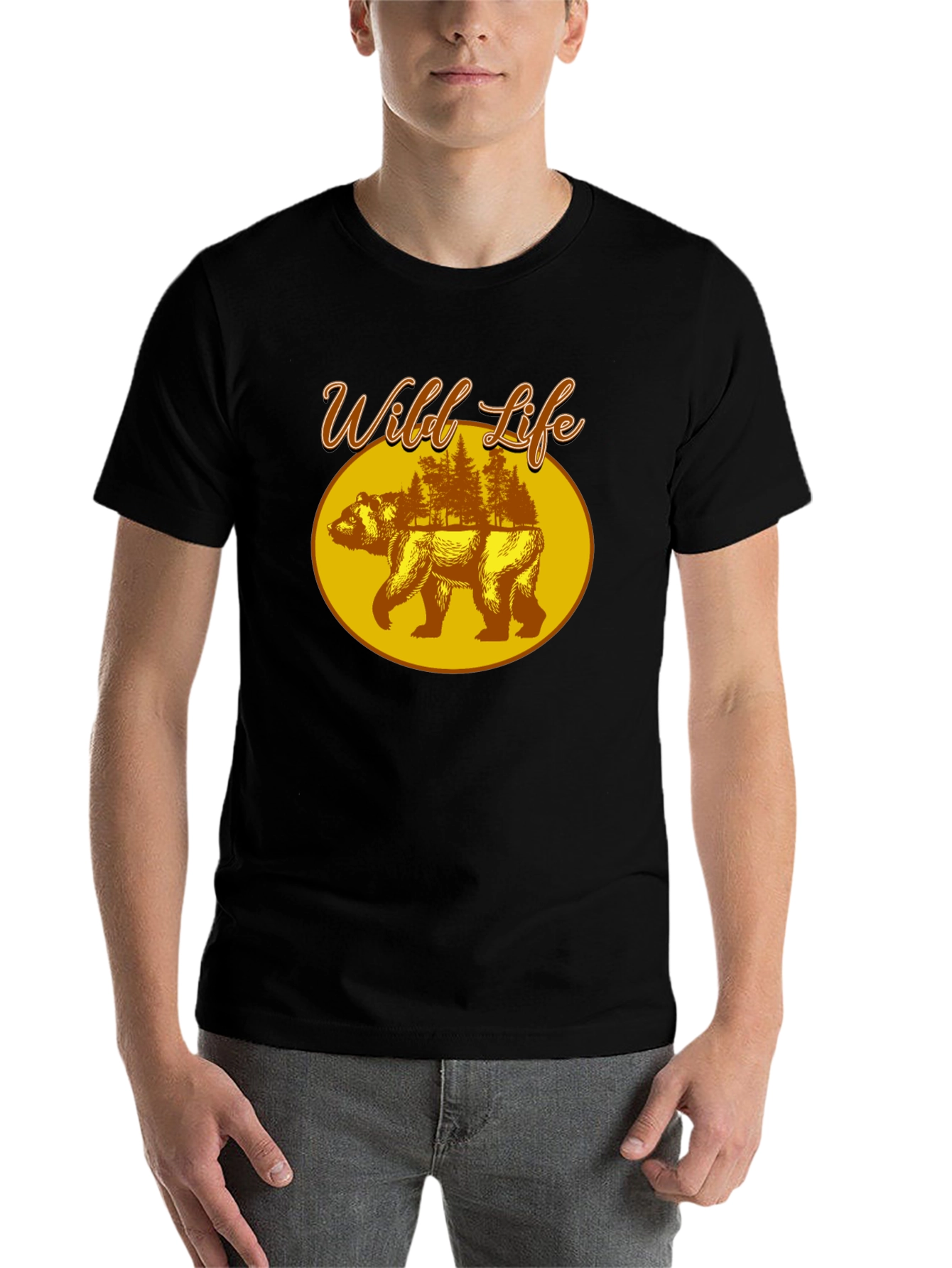Wild Life Bear Graphic Print Black T-Shirt