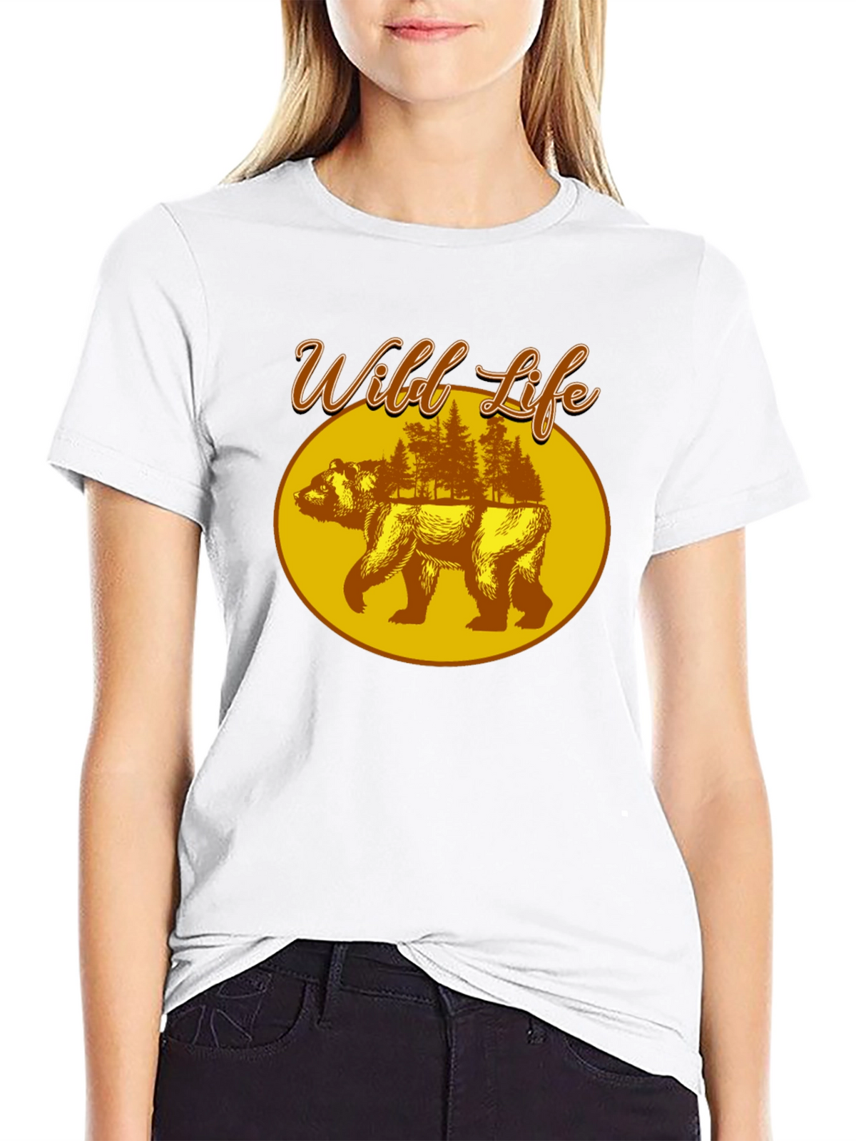 Wild Life Bear Graphic Print Black T-Shirt