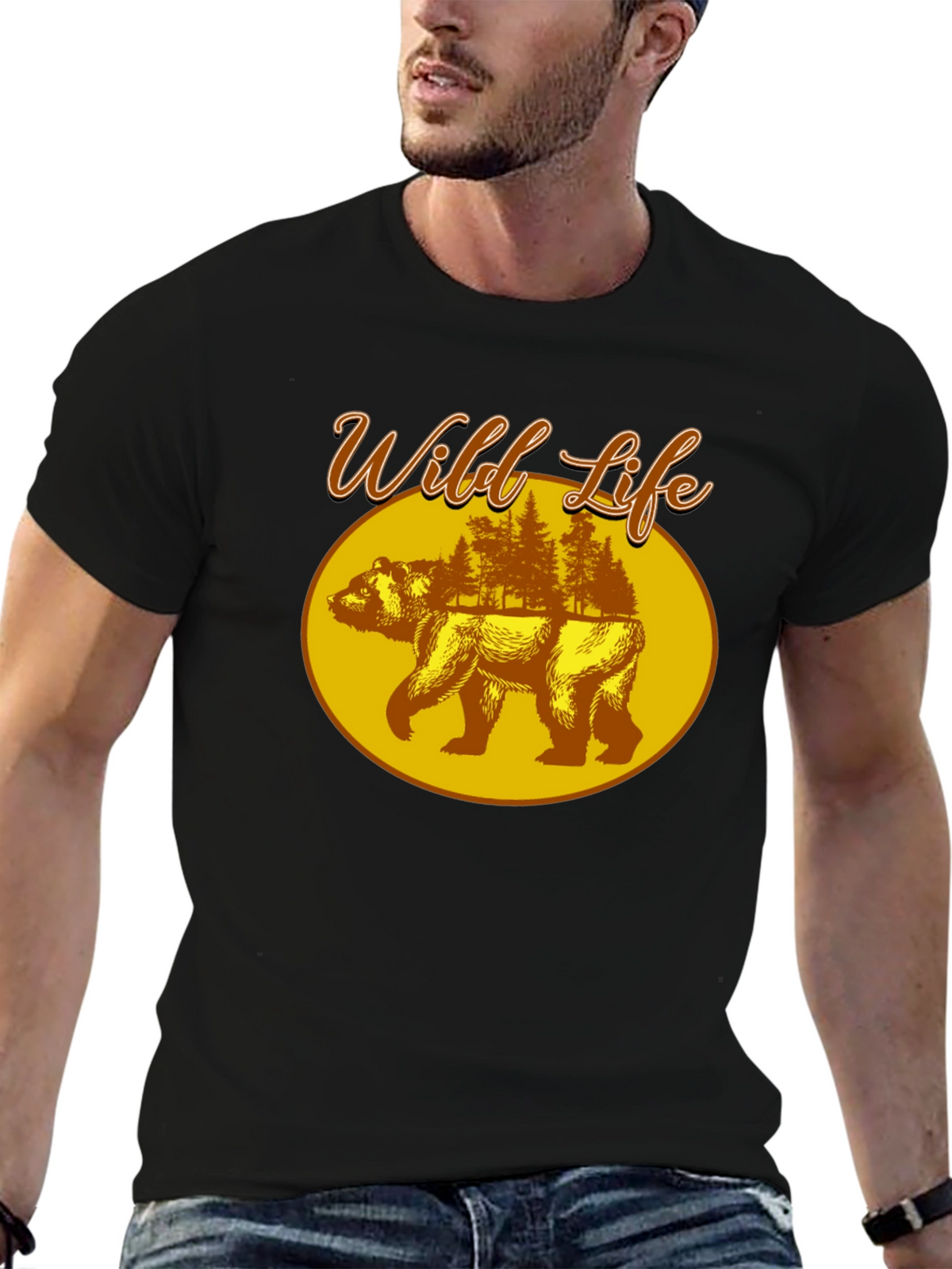 Wild Life Bear Graphic Print Black T-Shirt