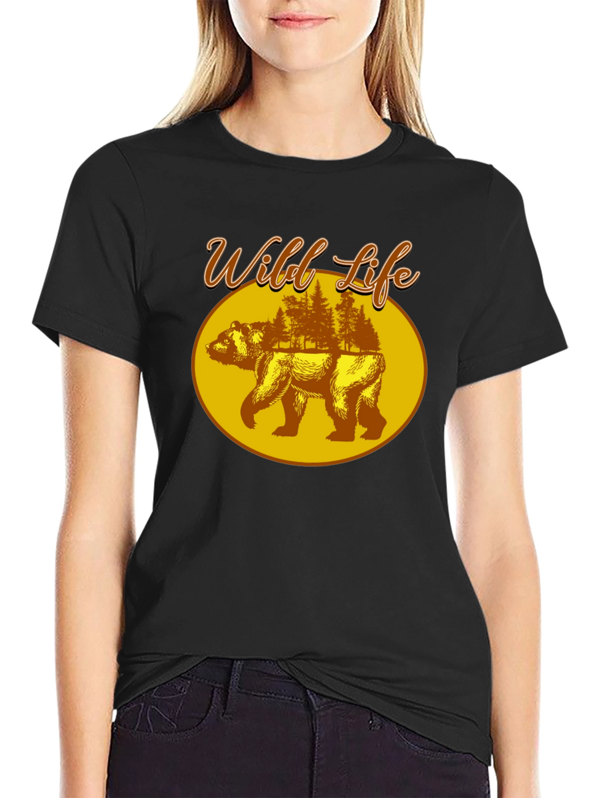 Wild Life Bear Graphic Print Black T-Shirt