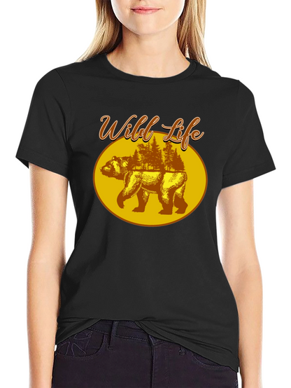 Wild Life Bear Graphic Print Black T-Shirt