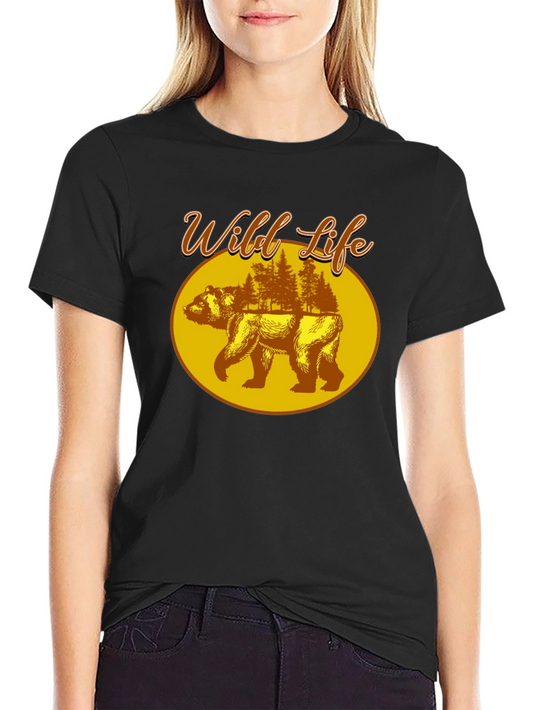 Wild Life Bear Graphic Print Black T-Shirt