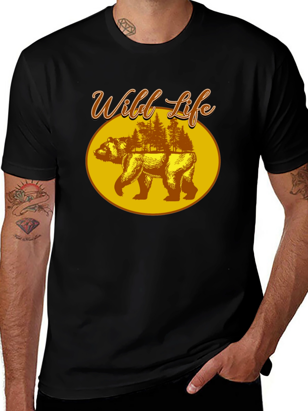 Wild Life Bear Graphic Print Black T-Shirt
