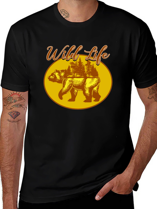 Wild Life Bear Graphic Print Black T-Shirt
