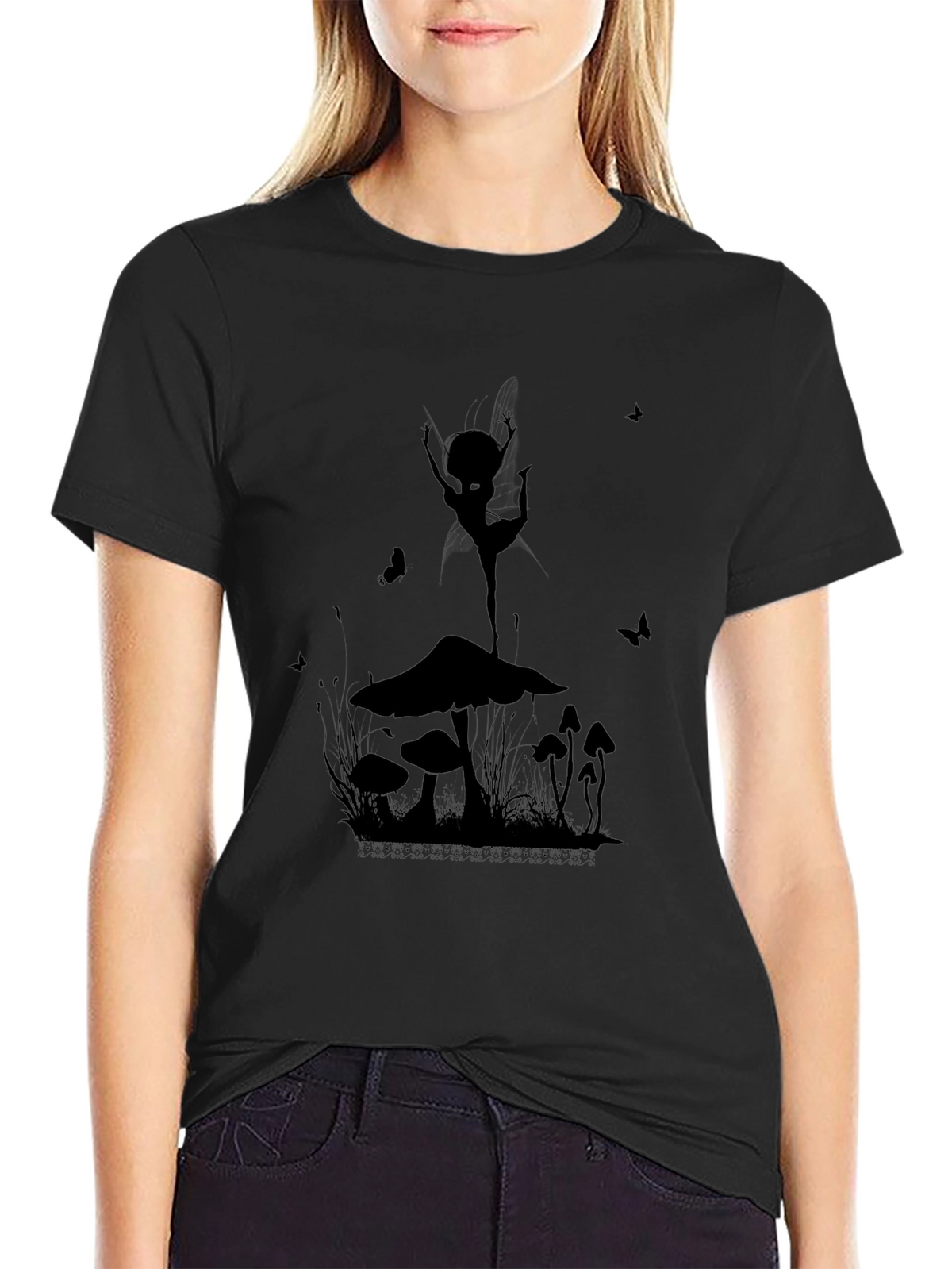 Mushroom Fairy Graphic T-Shirt - Black Cotton Tee