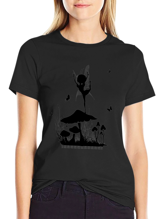 Mushroom Fairy Graphic T-Shirt - Black Cotton Tee