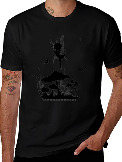 Mushroom Fairy Graphic T-Shirt - Black Cotton Tee