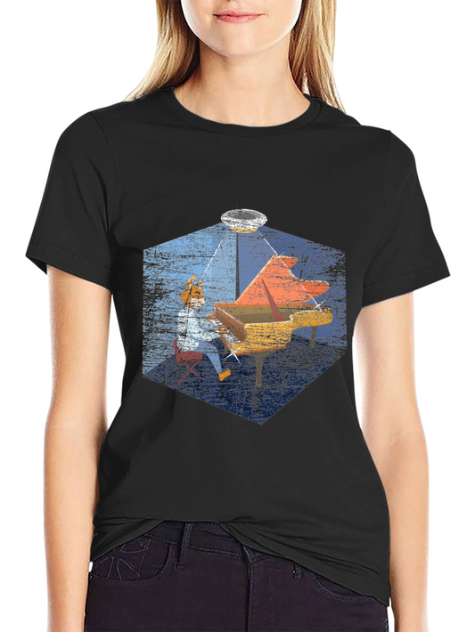 Vintage Piano Player Graphic Black T-Shirt