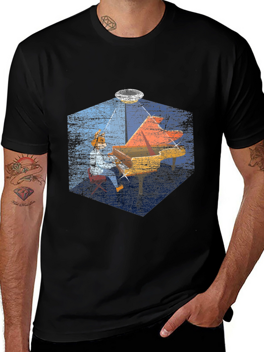 Vintage Piano Player Graphic Black T-Shirt