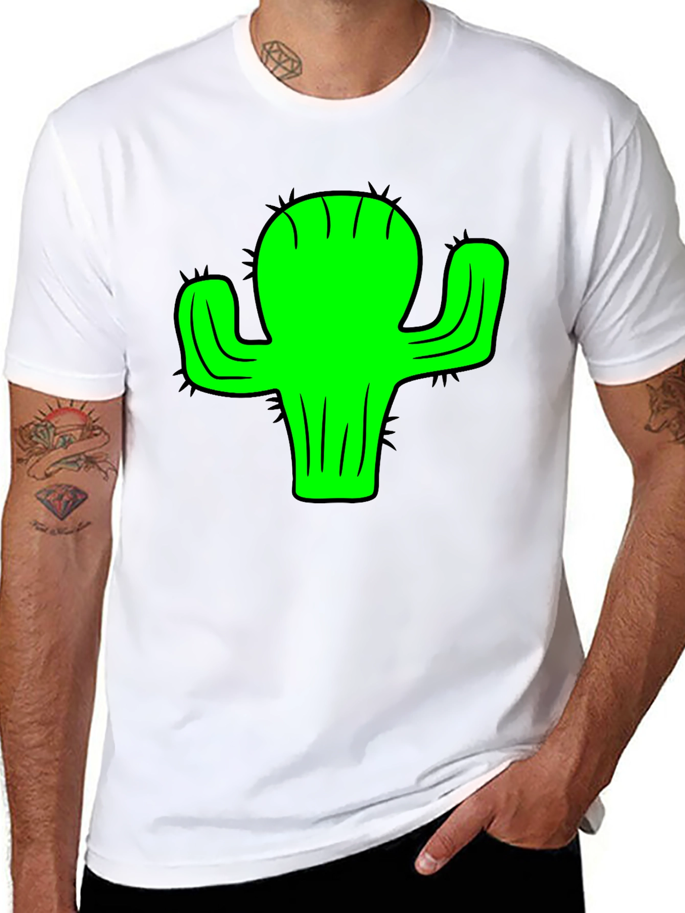 Green Cactus Graphic Black T-Shirt