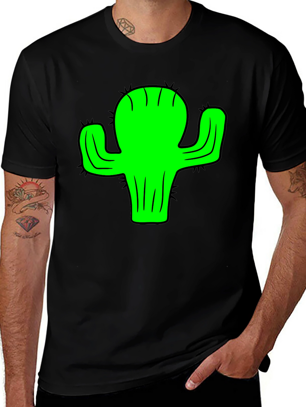 Green Cactus Graphic Black T-Shirt