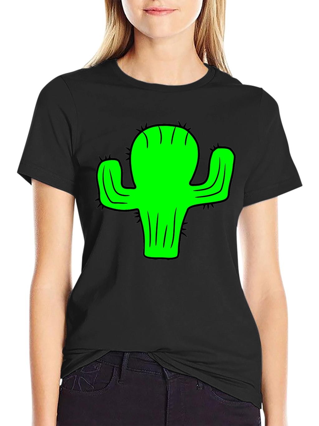 Green Cactus Graphic Black T-Shirt