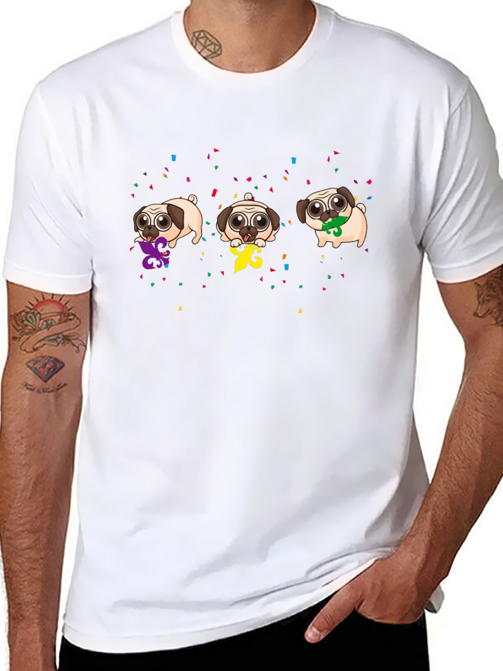 Mardi Gras Pugs Black T-Shirt