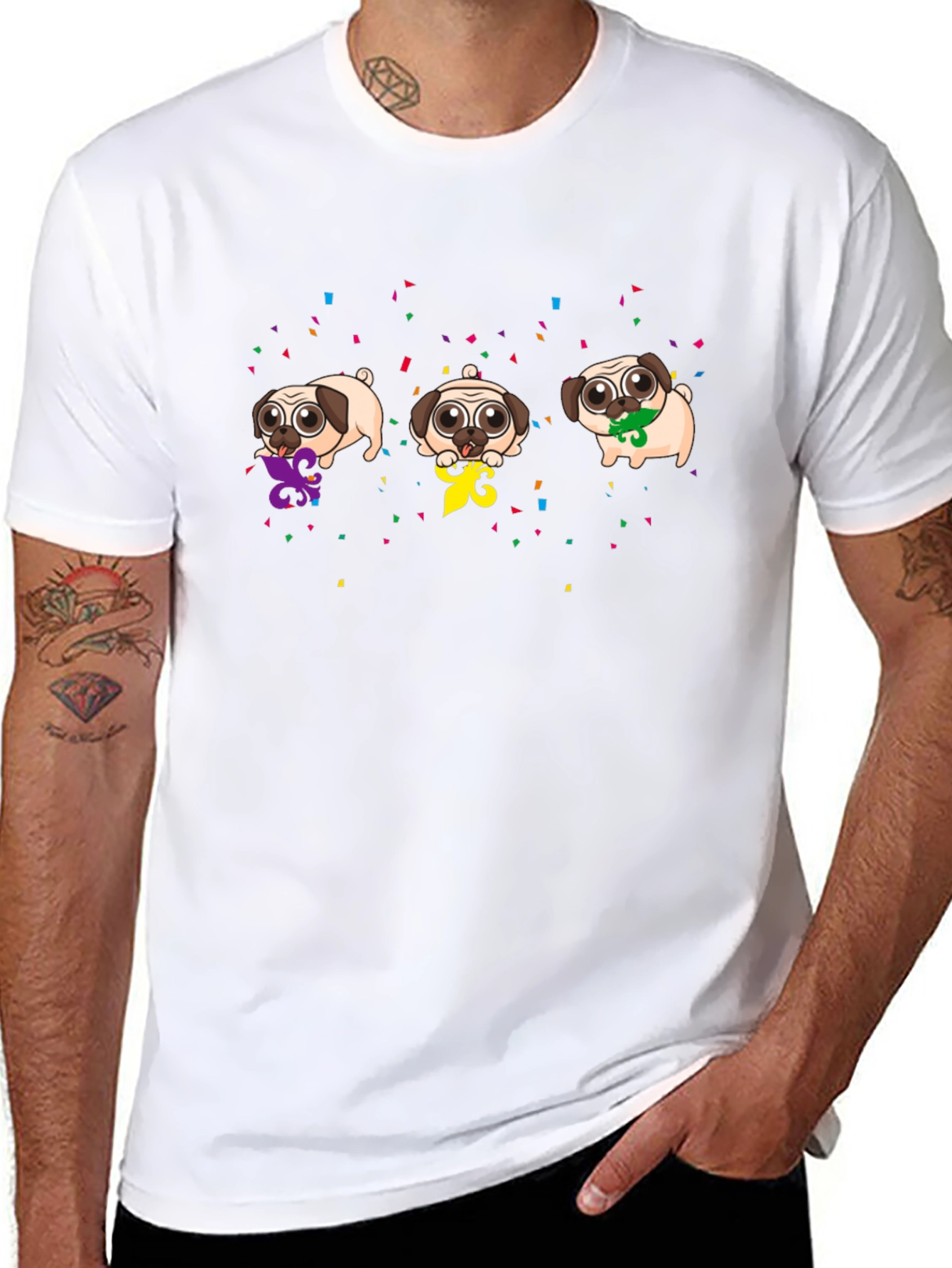 Mardi Gras Pugs Black T-Shirt