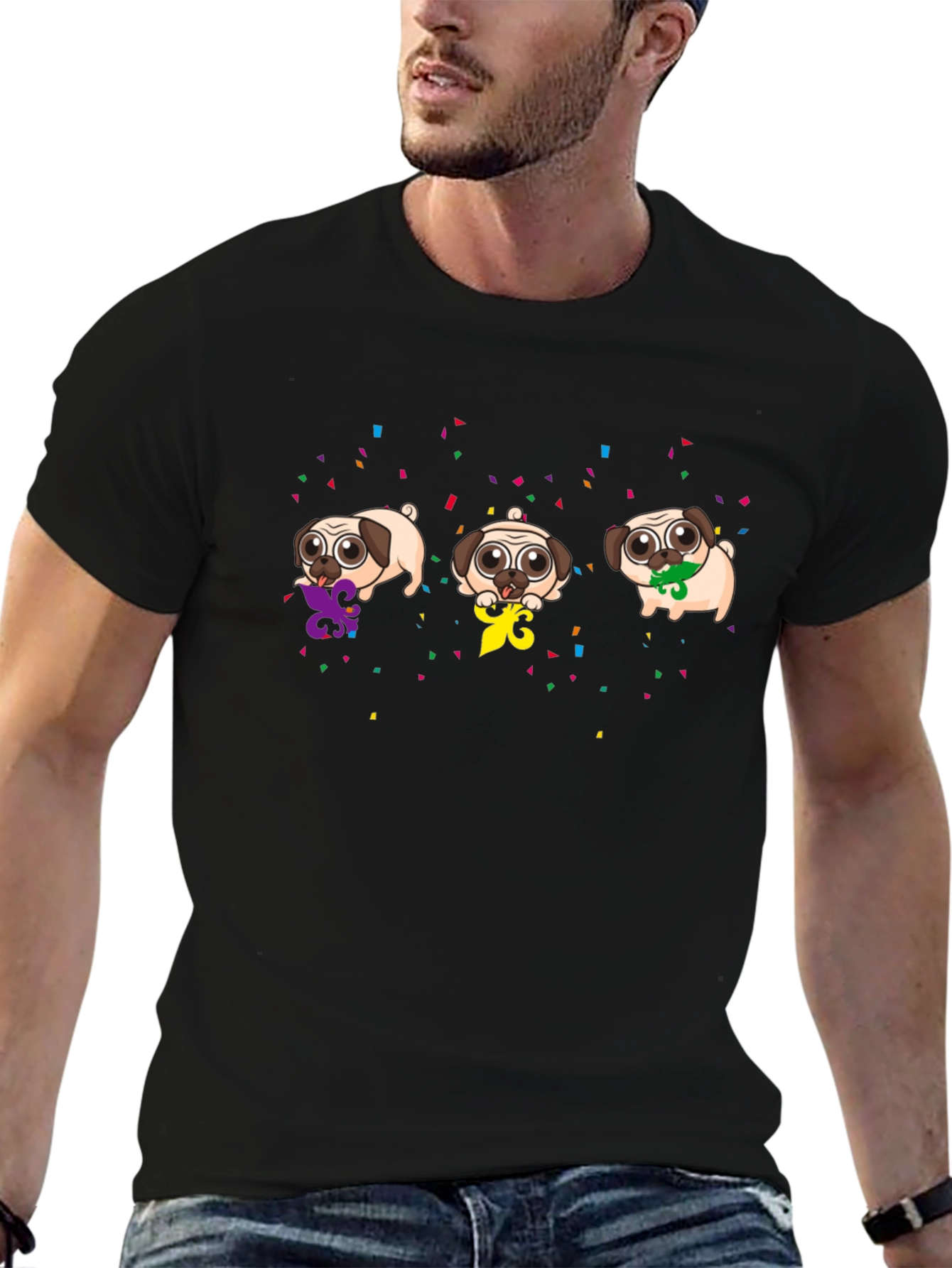 Mardi Gras Pugs Black T-Shirt