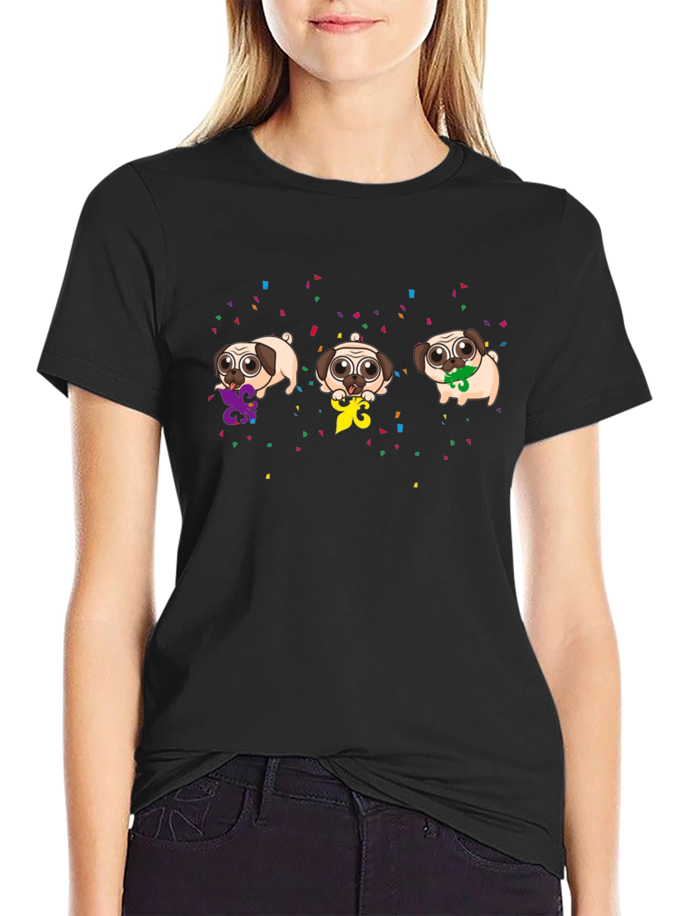 Mardi Gras Pugs Black T-Shirt