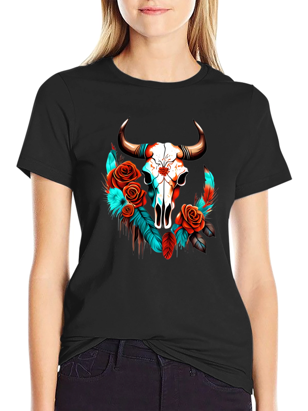 Skull & Roses Graphic Tee - Western Style