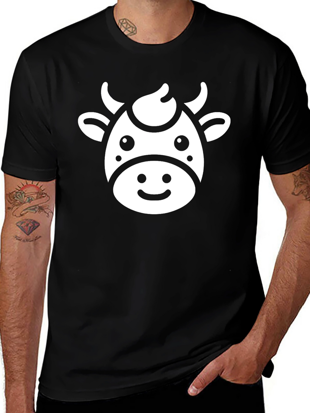 Cute Cow Graphic Tee - Black Cotton T-Shirt