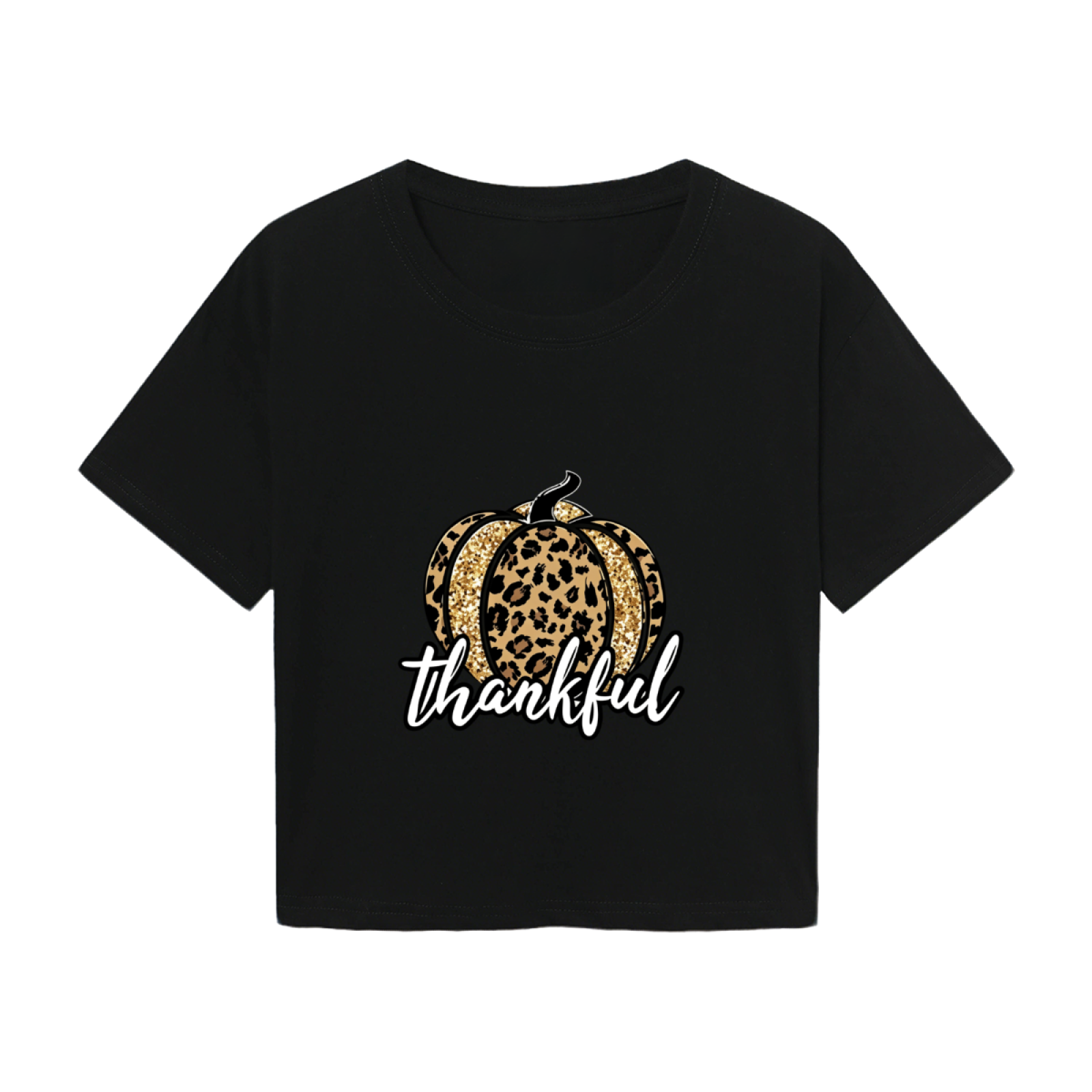 Fall Style Black Crop Top With Glitter Leopard Pumpkin & Thankful Words
