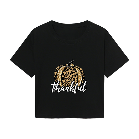 Fall Style Black Crop Top With Glitter Leopard Pumpkin & Thankful Words