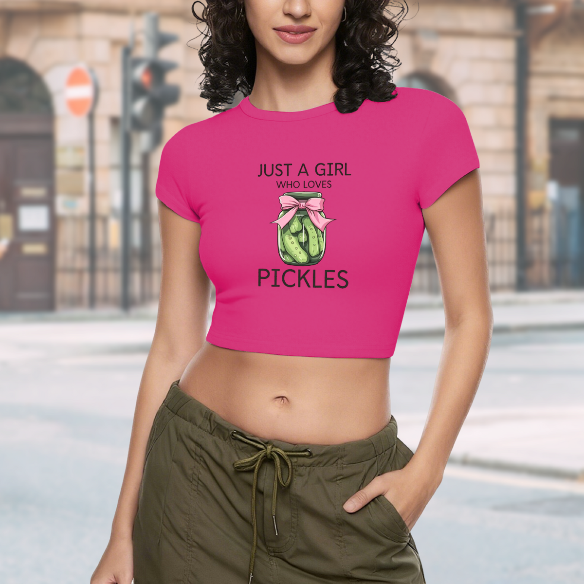 Just A Girl Obsessed With Pickles Pink Coquette Crop Top