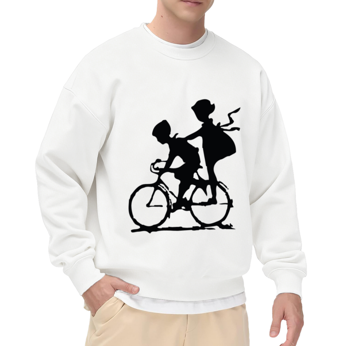 Tandem Bicycle Silhouette Crewneck Sweatshirt - Minimal Two Riders Graphic, Cycling Couple Pullover, Adventure Gift Top