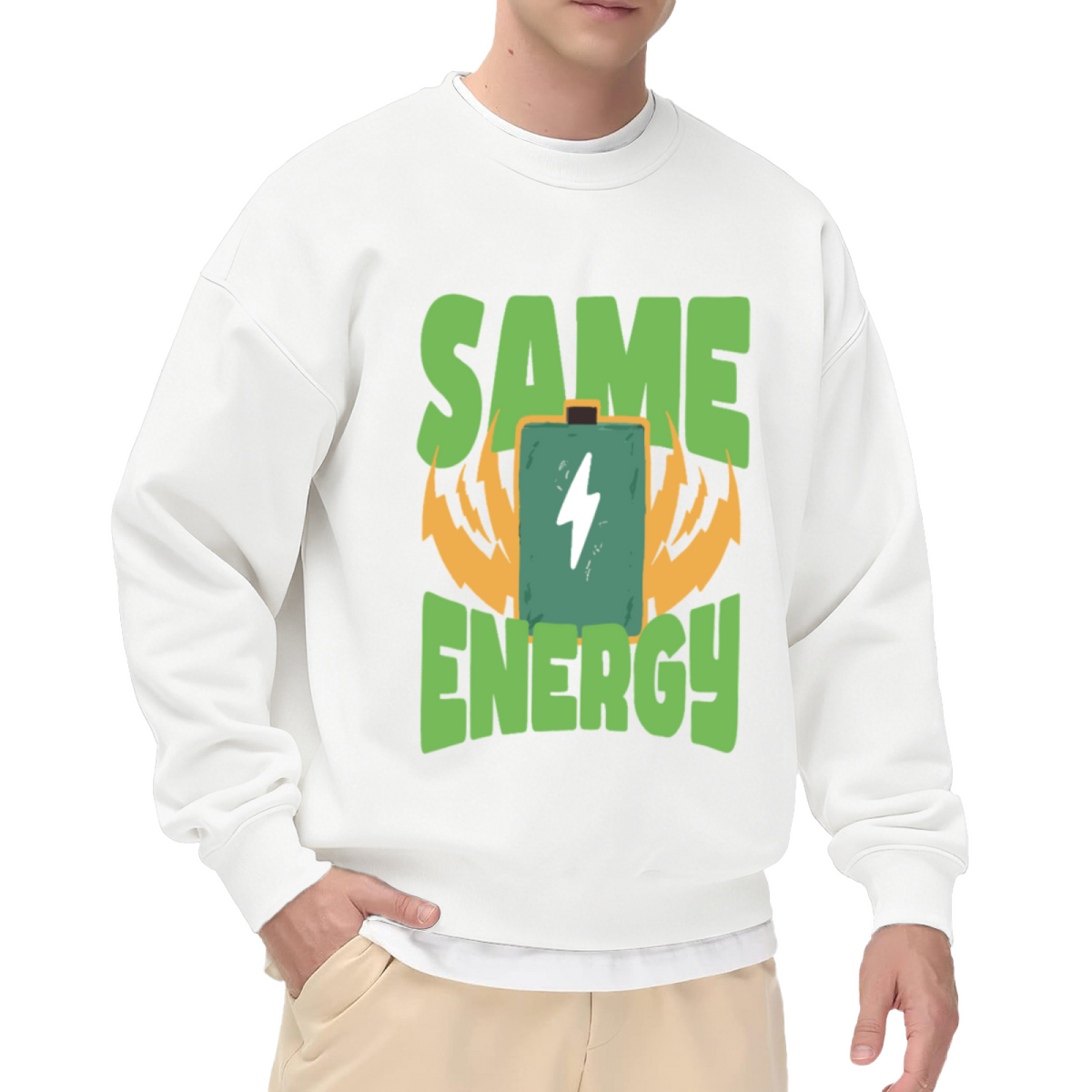 Same Energy Battery Crewneck Sweatshirt - Funny Lightning Bolt Graphic Pullover, Electric Humor Streetwear, Charged Up Top