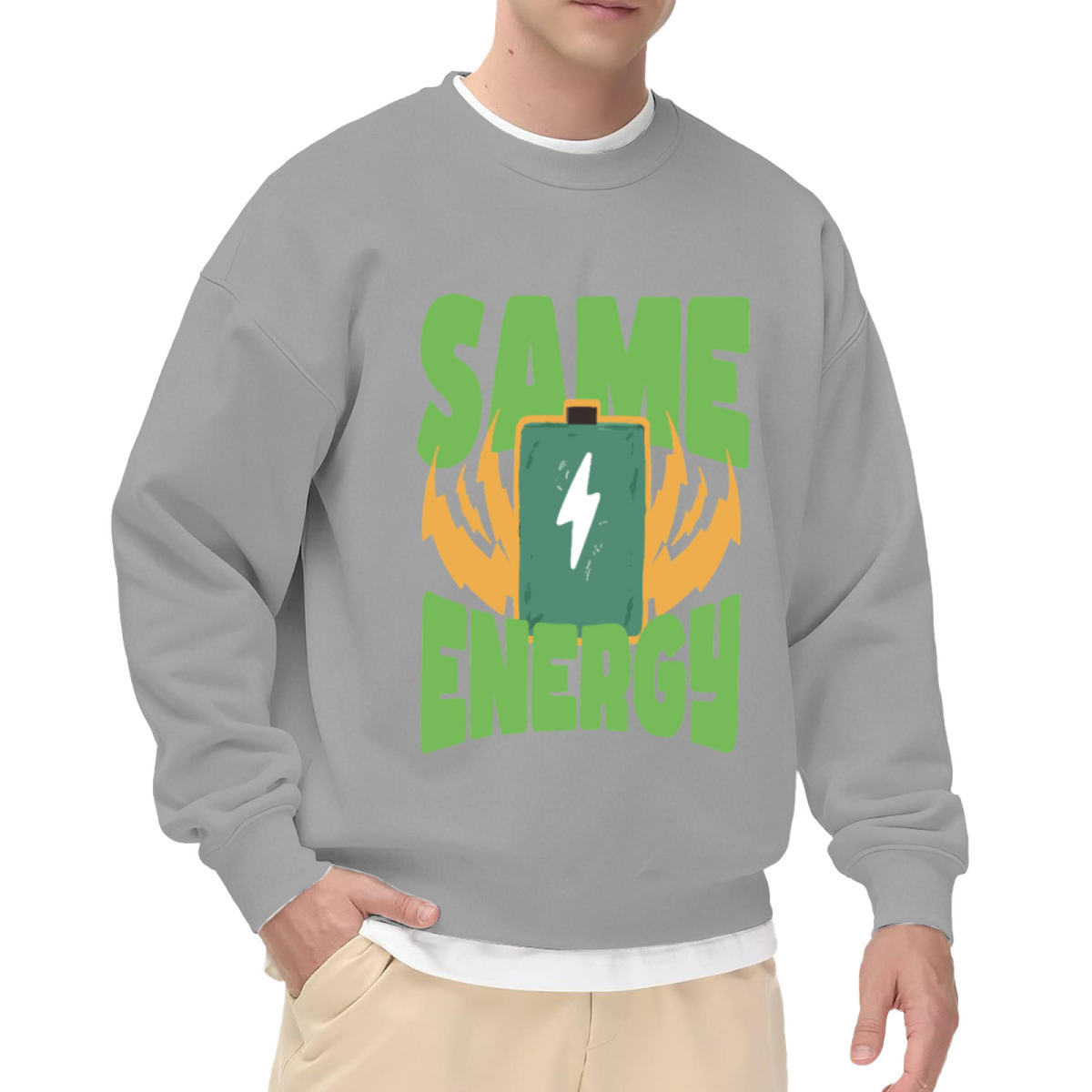 Same Energy Battery Crewneck Sweatshirt - Funny Lightning Bolt Graphic Pullover, Electric Humor Streetwear, Charged Up Top