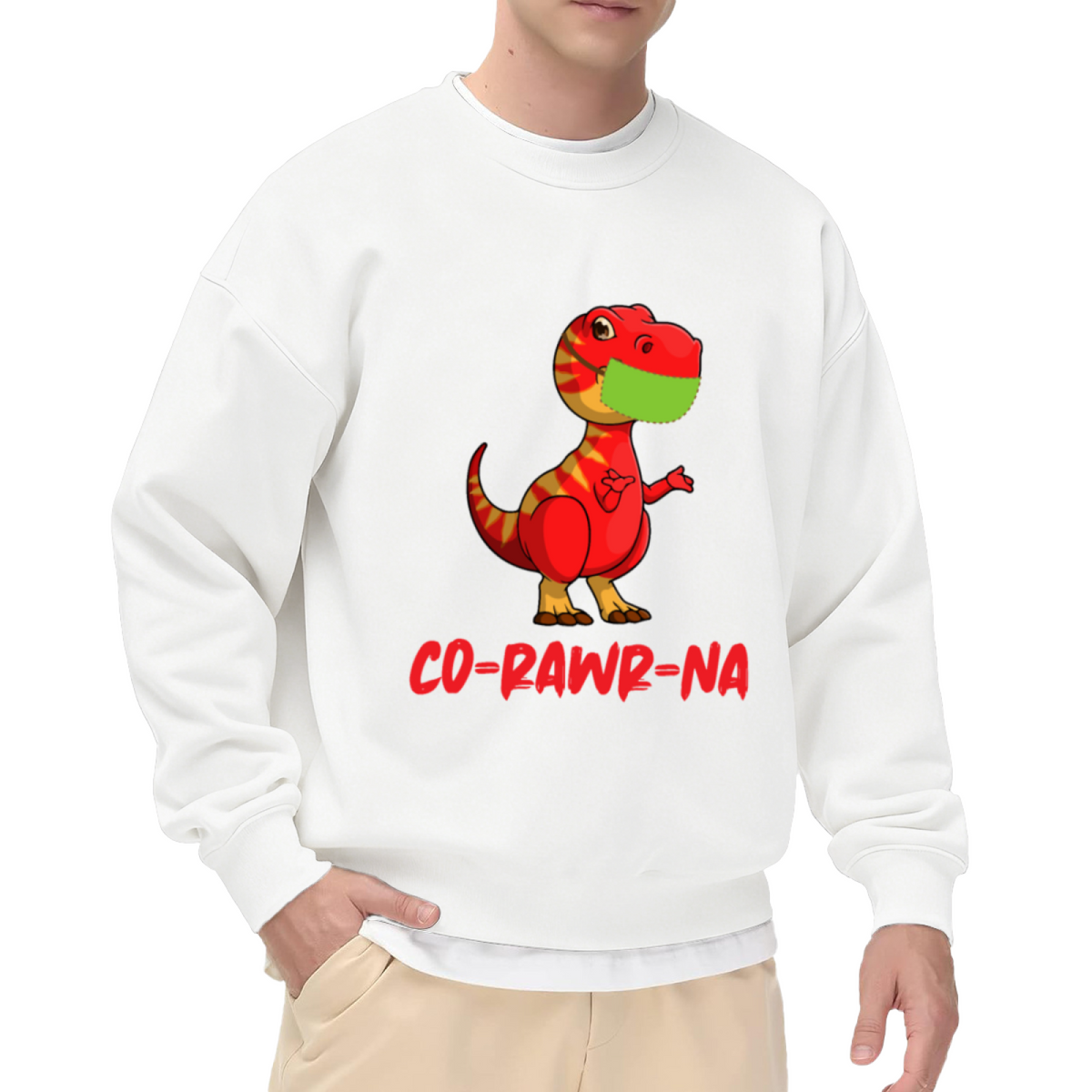 Funny Cartoon T-Rex Dinosaur with Mask 'CO=RAWR=NA' Humor Graphic Print Unisex Crewneck Sweatshirt