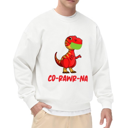 Funny Cartoon T-Rex Dinosaur with Mask 'CO=RAWR=NA' Humor Graphic Print Unisex Crewneck Sweatshirt