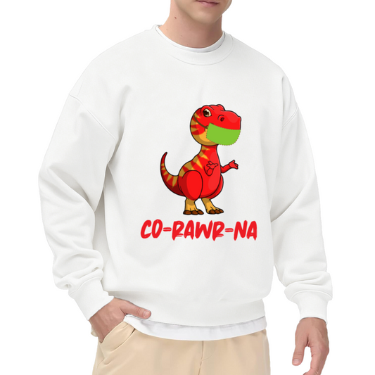 Funny Cartoon T-Rex Dinosaur with Mask 'CO=RAWR=NA' Humor Graphic Print Unisex Crewneck Sweatshirt