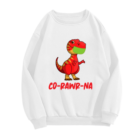 Funny Cartoon T-Rex Dinosaur with Mask 'CO=RAWR=NA' Humor Graphic Print Unisex Crewneck Sweatshirt
