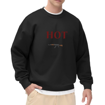 Rifle Graphic HOT Sweatshirt | Vintage Bold Serif Lettering Crewneck, Edgy Statement Streetwear Pullover Top, Graphic Print for Men Women