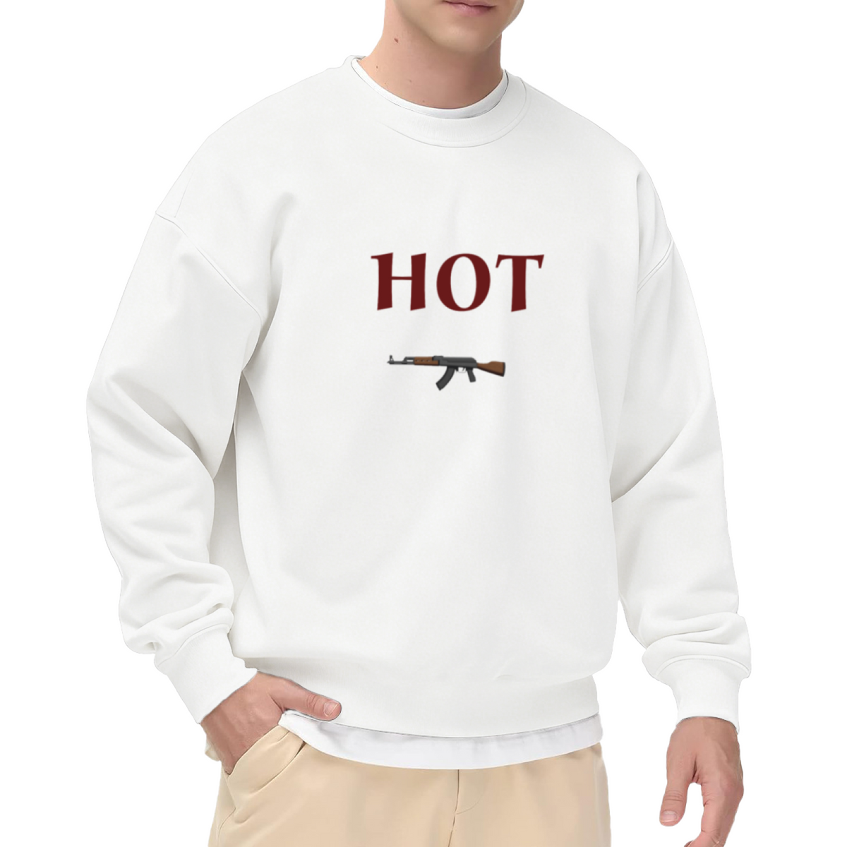 Rifle Graphic HOT Sweatshirt | Vintage Bold Serif Lettering Crewneck, Edgy Statement Streetwear Pullover Top, Graphic Print for Men Women