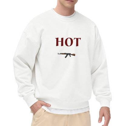 Rifle Graphic HOT Sweatshirt | Vintage Bold Serif Lettering Crewneck, Edgy Statement Streetwear Pullover Top, Graphic Print for Men Women