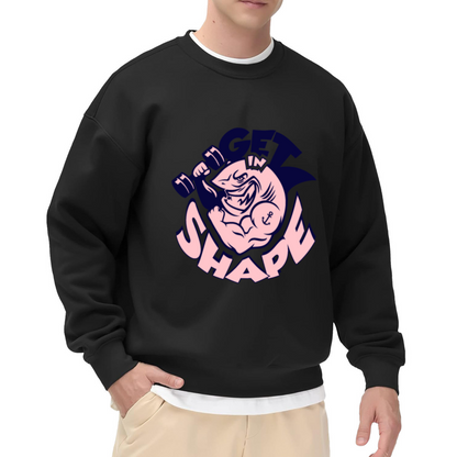 Get In Shape Shark Crewneck Sweatshirt | Funny Gym Workout Pullover, Retro Cartoon Muscle Shark Graphic Top, Fitness Motivation Gift