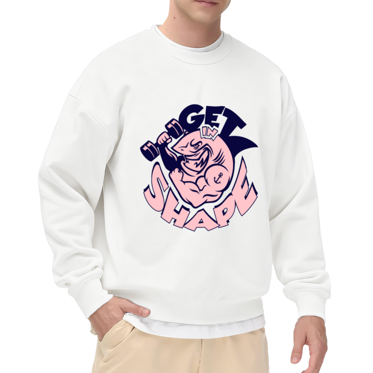 Get In Shape Shark Crewneck Sweatshirt | Funny Gym Workout Pullover, Retro Cartoon Muscle Shark Graphic Top, Fitness Motivation Gift