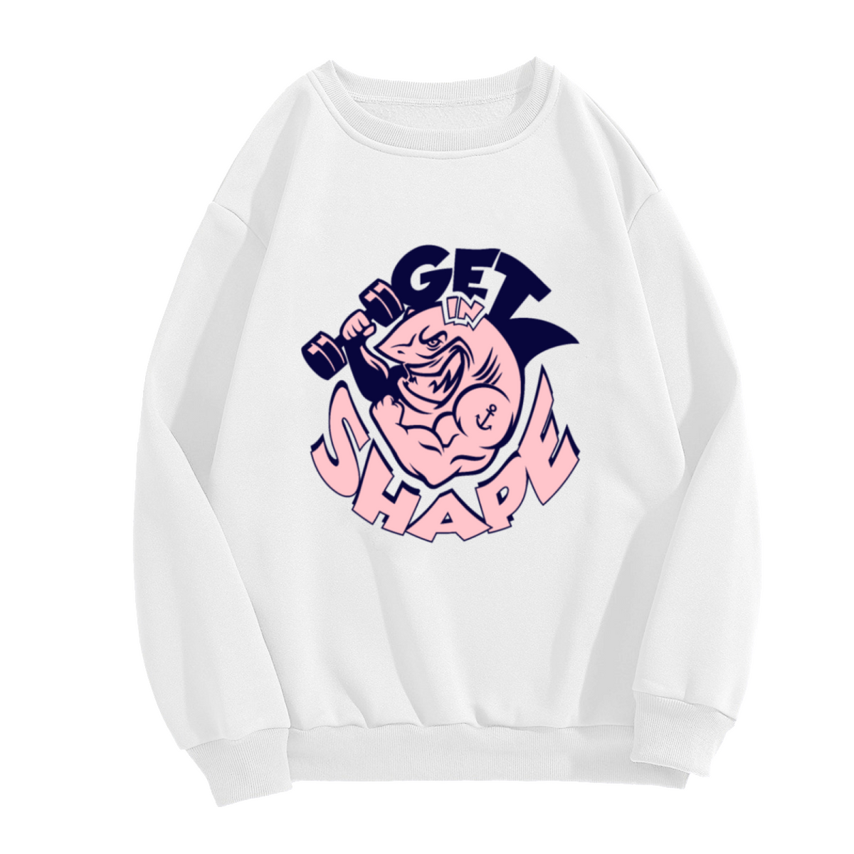 Get In Shape Shark Crewneck Sweatshirt | Funny Gym Workout Pullover, Retro Cartoon Muscle Shark Graphic Top, Fitness Motivation Gift