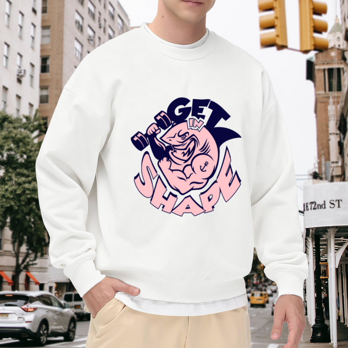 Get In Shape Shark Crewneck Sweatshirt | Funny Gym Workout Pullover, Retro Cartoon Muscle Shark Graphic Top, Fitness Motivation Gift